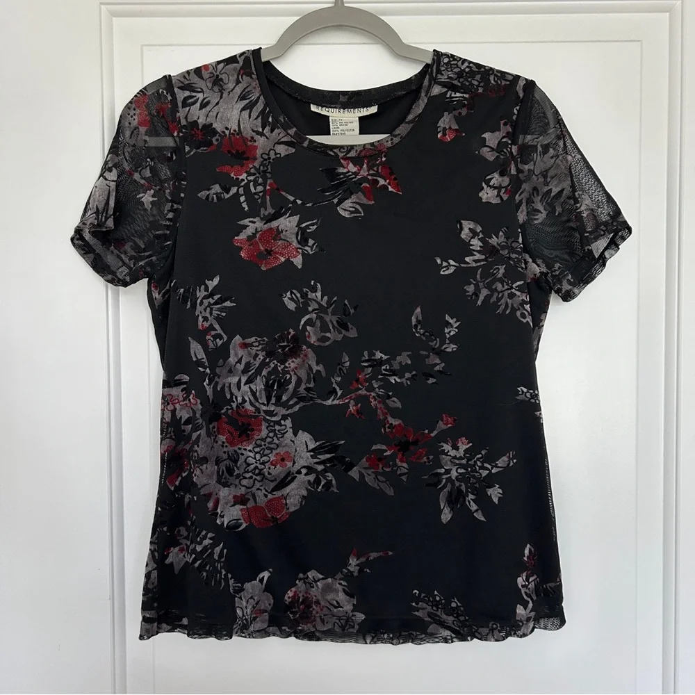 Requirements Vintage 90s/Y2K Velvet Burnout Black Floral Tee with Sheer Overlay - Picture 1 of 7